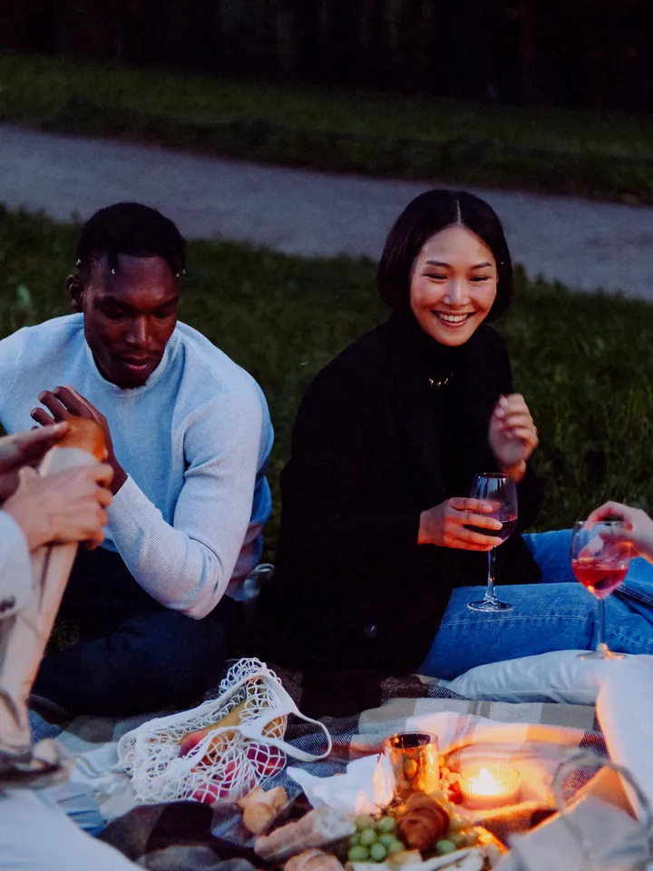 A couple sharing a drink on a picnic blanket at dusk — 2020 · Quarantine Front Cam